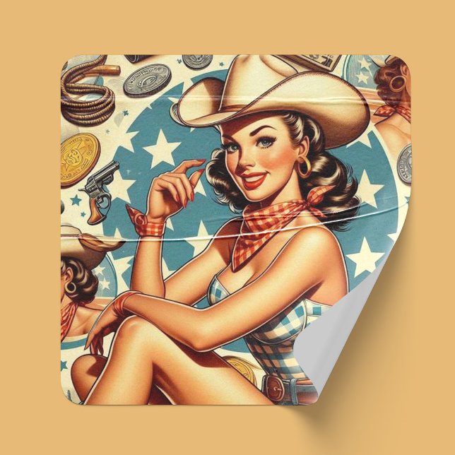 Niedliche Vintage Cowgirl Quadratischer Aufkleber (Von Creator hochgeladen)