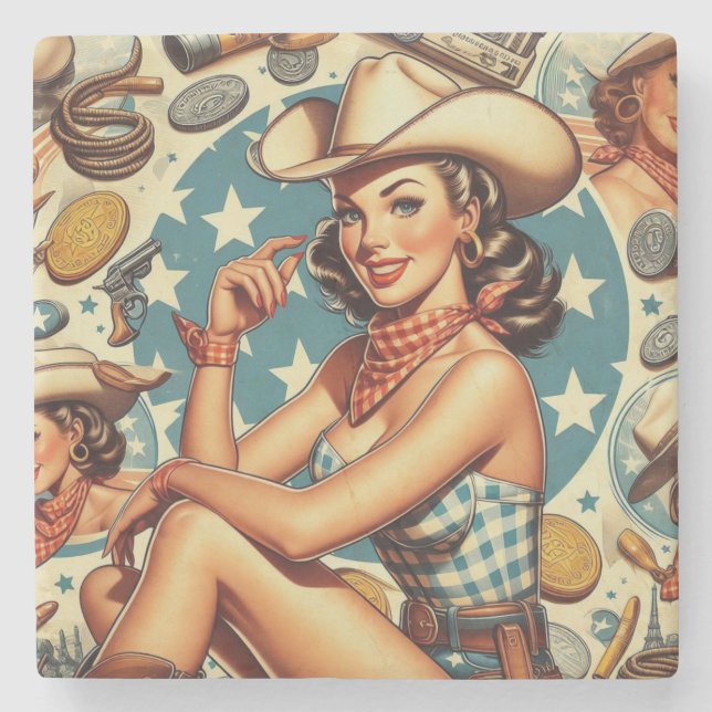 Niedliche Vintage Cowgirl Steinuntersetzer (Vorderseite)