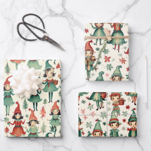 Niedliche Vintage Elfen Weihnachten Saison Geschenkpapier Set