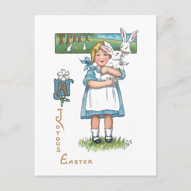 Niedliche Vintage Farm Girl mit Osterhase Postkarte (Vorderseite)