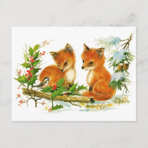Niedliche Vintage Foxweihnachtszene Feiertagspostkarte