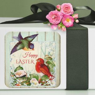 Niedliche Vintage Frühjahrsvögel Floral Osteraufkl Quadratischer Aufkleber