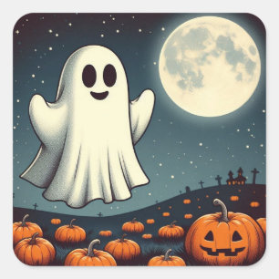 Niedliche, Vintage Geist- und Kürbishalloween Art Quadratischer Aufkleber
