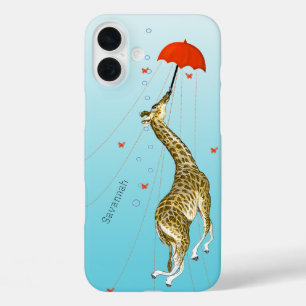 Niedliche Vintage Giraffe mit Regenschirm auf Aqua iPhone 16 Plus Hülle