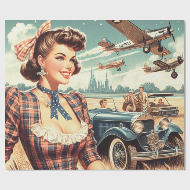 Niedliche Vintage Girl-Illustration Geschenkpapier (Flach)