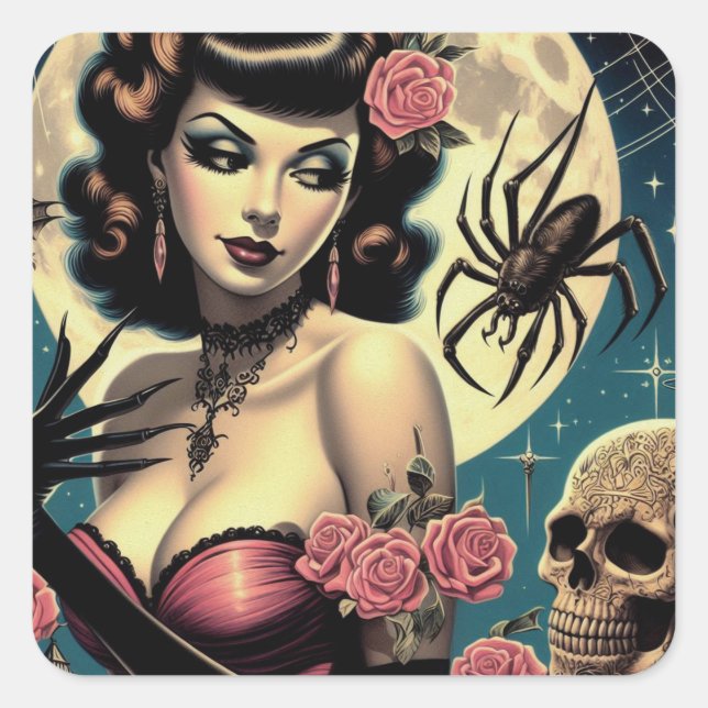 Niedliche Vintage Goth Girl Quadratischer Aufkleber (Vorderseite)