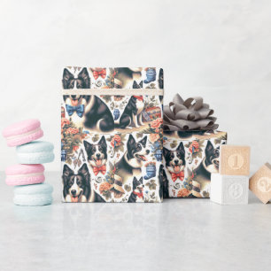 Niedliche Vintage Grenz-Collie-Illustration Geschenkpapier