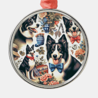 Niedliche Vintage Grenz-Collie-Illustration Ornament Aus Metall