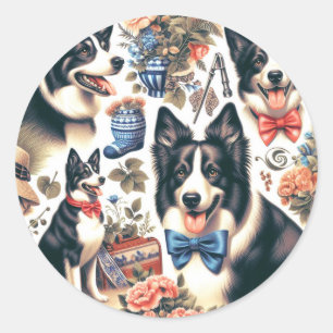 Niedliche Vintage Grenz-Collie-Illustration Runder Aufkleber