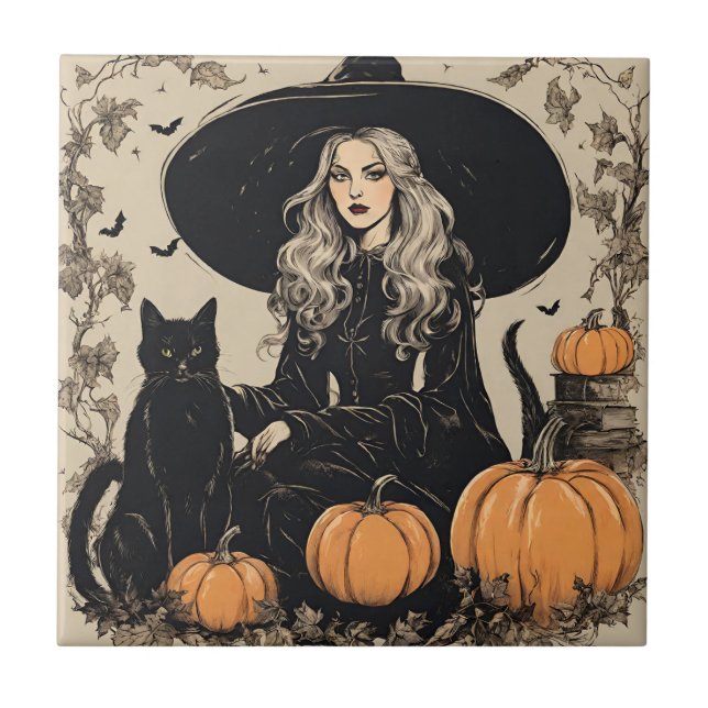 Niedliche Vintage Halloween-Hexe mit Schwarzer Kat Fliese (Vorderseite)