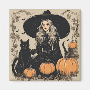 Niedliche Vintage Halloween-Hexe mit Schwarzer Kat Magnet