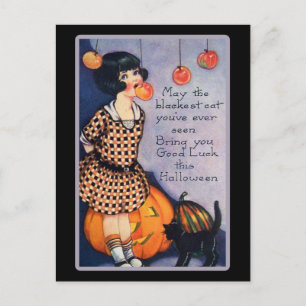 Niedliche Vintage Halloween-Schwarzkatze Postkarte