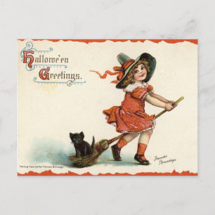 Niedliche Vintage Hexe auf Broom Halloween Postkar Postkarte