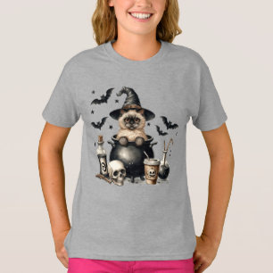 Niedliche Vintage Katze in einem Kessel Halloween T-Shirt