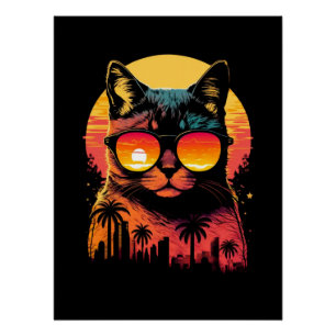 Niedliche Vintage Katze mit Brille im Sonnenunterg Poster