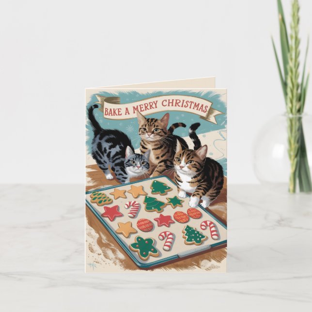 Niedliche Vintage Katzen backen Weihnachten Karte (Vorderseite)
