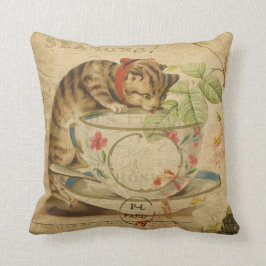 Niedliche Vintage Katzen-Tee-Schalen-Blumencollage Kissen