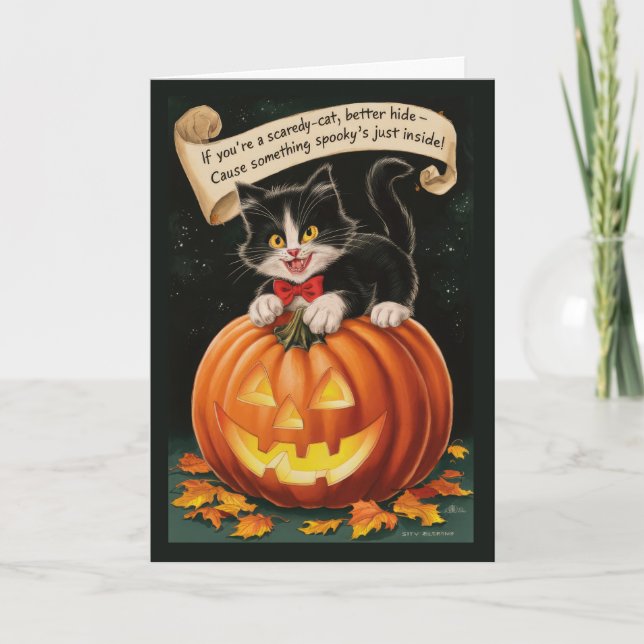 Niedliche Vintage Katzenkatze und KürbisHalloween Feiertagskarte (Vorderseite)