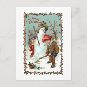 Niedliche Vintage Kinder und Schneemann Postkarte