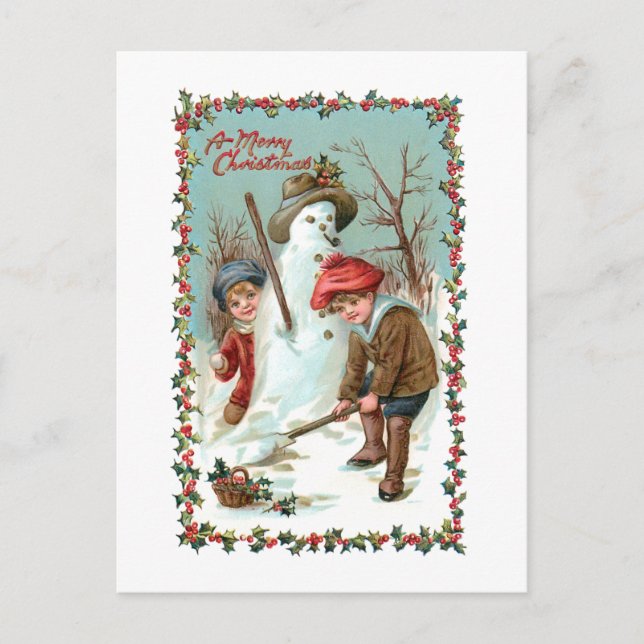Niedliche Vintage Kinder und Schneemann Postkarte (Vorderseite)