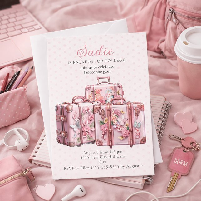 Niedliche Vintage Koffer Rosa Uni Trunk Party Einladung (Pink suitcases trunk party/dorm party invitation)