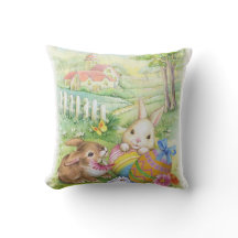 Niedliche Vintage Osterhasen mit Eiern und Kirche