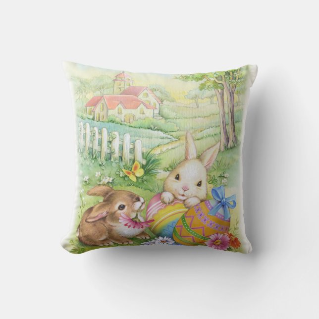 Niedliche Vintage Osterhasen mit Eiern und Kirche Kissen (Vorderseite)