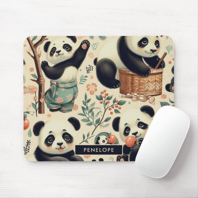 Niedliche Vintage Panda Nahtlose Malerei Mousepad (Mit Mouse)