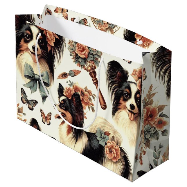 Niedliche Vintage Papillon Dog Illustration Große Geschenktüte (Rückseite Schrägansicht)