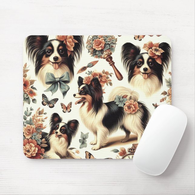 Niedliche Vintage Papillon Dog Illustration Mousepad (Mit Mouse)