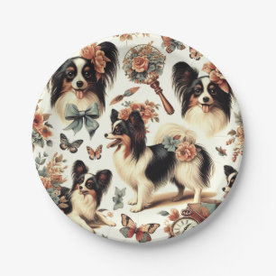 Niedliche Vintage Papillon Dog Illustration Pappteller