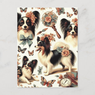 Niedliche Vintage Papillon Dog Illustration Postkarte
