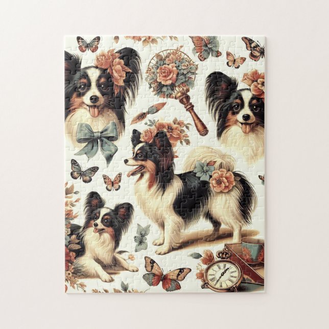 Niedliche Vintage Papillon Dog Illustration Puzzle (Vertikal)