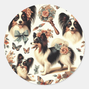 Niedliche Vintage Papillon Dog Illustration Runder Aufkleber