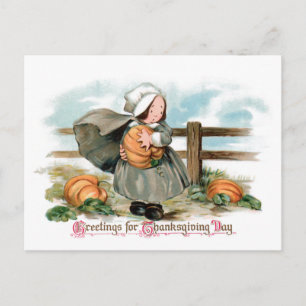 Niedliche Vintage Pilgrim Girl mit Pumpkins Postkarte