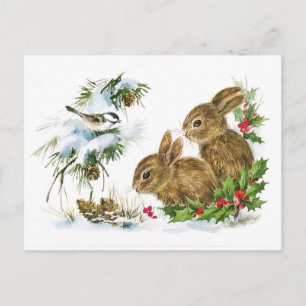 Niedliche Vintage Rabbits Weihnachtslandschaft Feiertagspostkarte