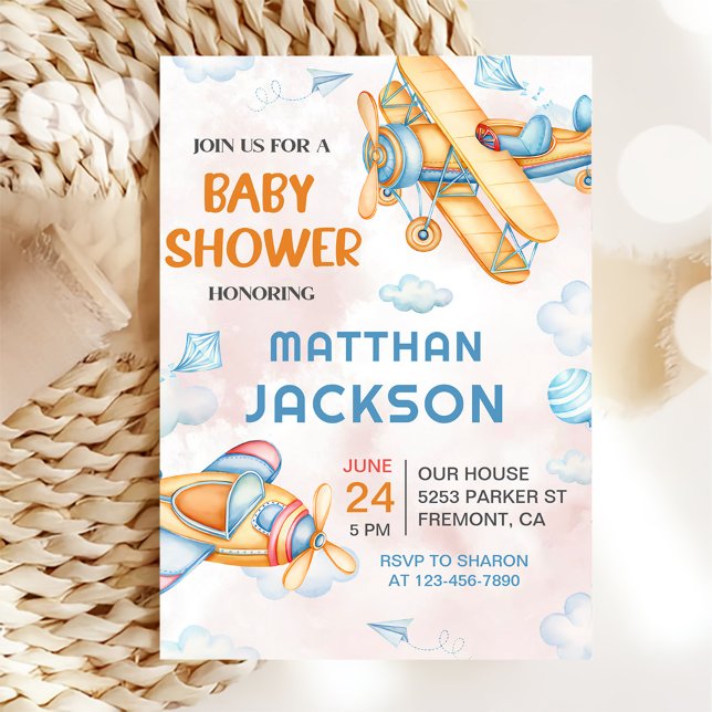 Niedliche Vintage Retro Gelbe Airplane Babydusche Einladung (Von Creator hochgeladen)