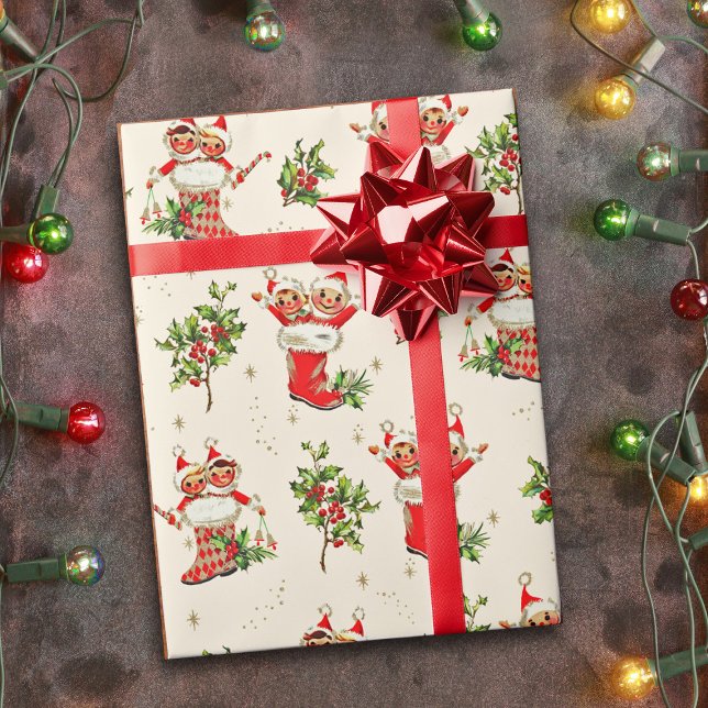 Niedliche Vintage Retro Weihnachten Rote Grüne Elf Geschenkpapier (Von Creator hochgeladen)