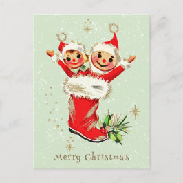 Niedliche Vintage Retro-Weihnachtselfen Grün Feiertagspostkarte