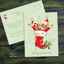Niedliche Vintage Retro-Weihnachtselfen Grün Postkarte