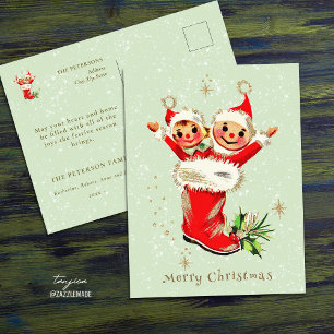 Niedliche Vintage Retro-Weihnachtselfen Grün Postkarte
