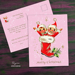 Niedliche Vintage Retro-Weihnachtselfen Rosa Postkarte
