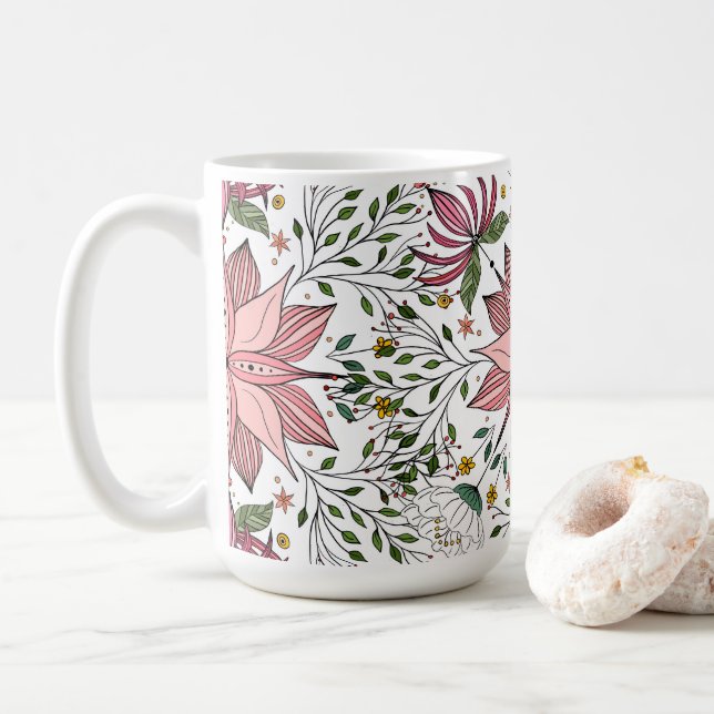 Niedliche Vintage rosa Blumendoodles Kunst Kaffeetasse (Mit Donut)