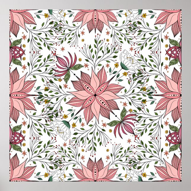 Niedliche Vintage rosa Blumendoodles Kunst Poster (Vorne)