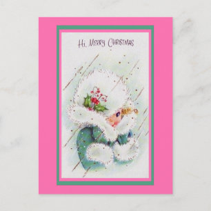 Niedliche Vintage Rosa- und Grüne Weihnachtsgrüße Postkarte