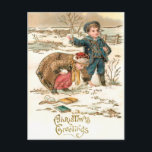 Niedliche Vintage Schulkinder im Schnee Postkarte<br><div class="desc">Niedlichen Vintage Jungen und Mädchen legten ihre Schulbücher nieder,  um einen Schneeballkampf zu führen. Die Vintage Kunst der Restaurierung bietet goldene Highlights und Weihnachtsgrüße. Zurück bietet ergänzende Grafiken und bearbeitbare Textfelder.</div>