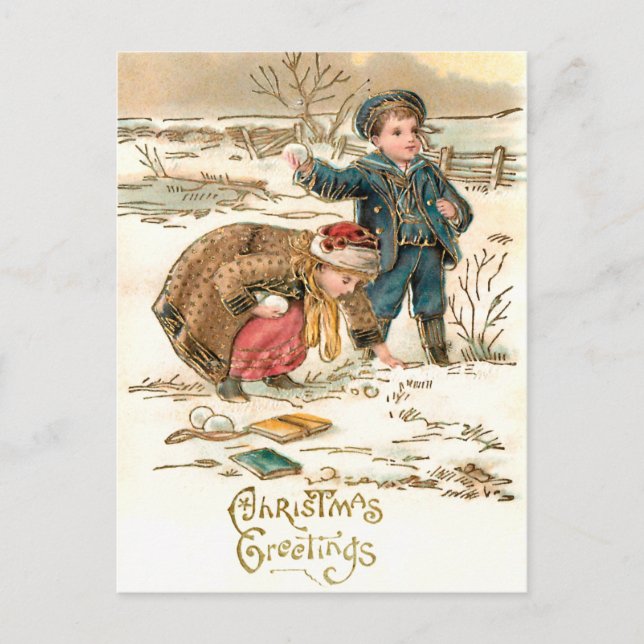 Niedliche Vintage Schulkinder im Schnee Postkarte (Vorderseite)
