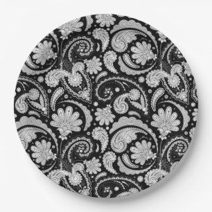 Niedliche Vintage Schwarz-weiße Paisley-Muster Pappteller