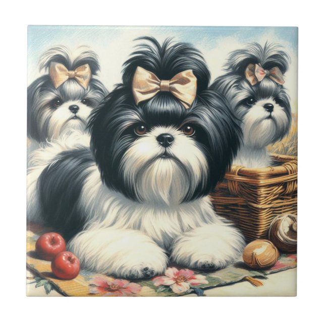 Niedliche Vintage Shih-Tzu-Malerei Fliese (Vorderseite)
