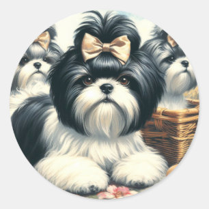 Niedliche Vintage Shih-Tzu-Malerei Runder Aufkleber